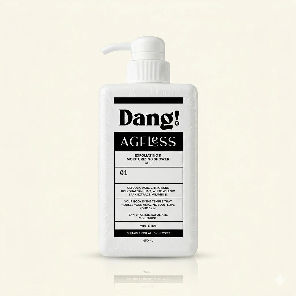 An image of a white bottle with pump and black text agaist an offwhite background