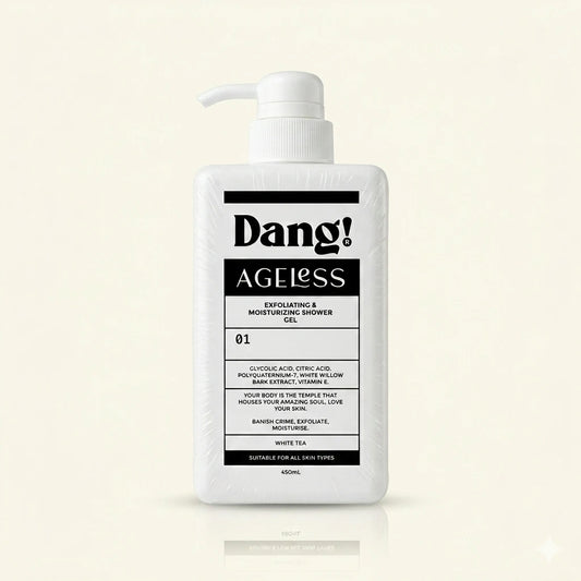 An image of a white bottle with pump and black text agaist an offwhite background