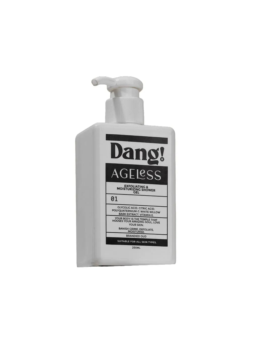 White bottle with pump labeled 'Dang! Ageless' on a white background