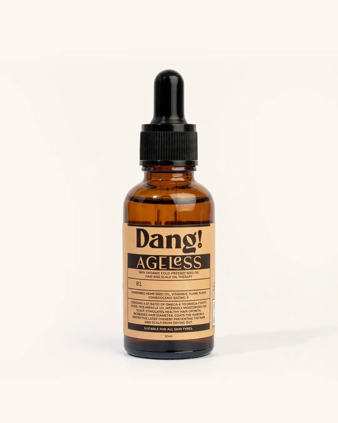 Hemp Seed Oil for hair in a Brown glass bottle with dropper labelled 'Dang! Ageless  hemp seed oil