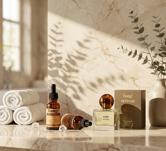 Image of the Dang Perfume set containing a bottle of eau de parfum and a 30ml unrefined jojoba oil