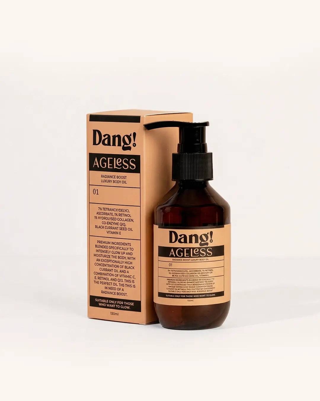 Radiance Boost Luxury Oil. Body glow oil in a brown bottle with pump labelled Dang! Ageless body oil bottle and packaging on a white background