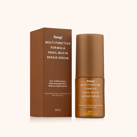 An image of a product in a brown bottle named Dang! Multifunction formula snail mucin repair serum